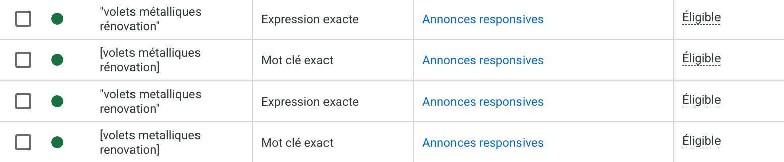 types de correspondances des requêtes dans google adwords