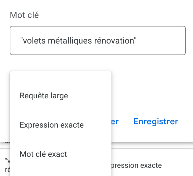 correspondance des mots clés adwords